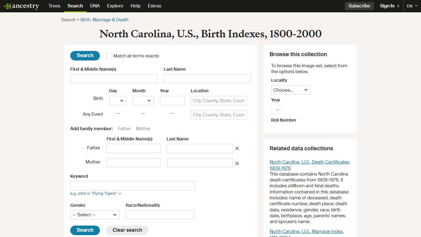 North Carolina, U.S., Birth Indexes, 1800-2000